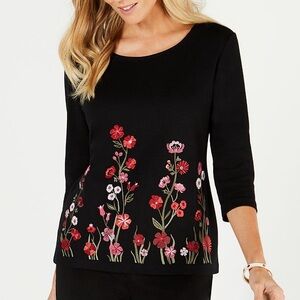 Karen Scott Embroidered Floral 3/4-Sleeve Top